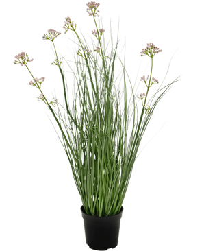 De Kunstgras Preibloem Uiengras Bonsai 61cm brandvertragend heeft lange, slanke groene bladeren en lange stelen met kleine trosjes lichtpaarse bloemen, gepresenteerd in een pot tegen een effen witte achtergrond.