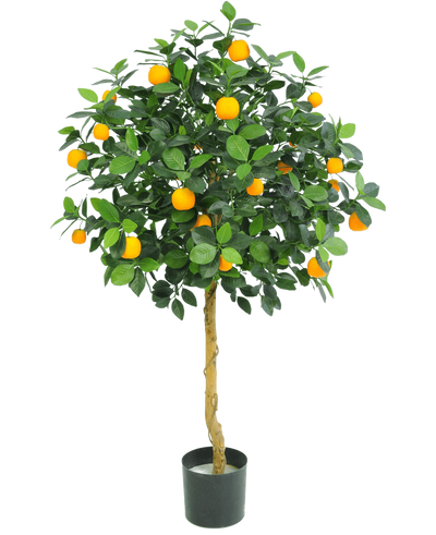 De Kunst sinaasappelboom 120 cm van Easyplants heeft weelderige groene bladeren en veel fel oranje vruchten, weergegeven in een pot tegen een effen witte achtergrond.