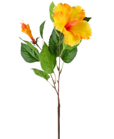 The Artificial Flower Hibiscus 64 cm yellow has a single stem with vibrant yellow hibiscus flowers and green leaves, depicted against a white background.