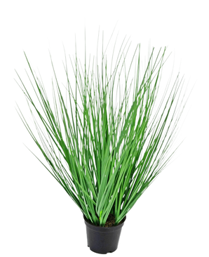 The Artificial Grass Plant Onion 50 cm fire retardant has long, thin, green grass-like leaves spreading outwards from the center, presented in a pot against a plain white background.