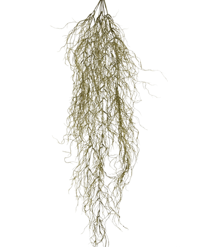 De Kunst hangplant Sudo 110 cm heeft dunne, lange, gekrulde gedroogde takken die naar beneden hangen tegen een effen witte achtergrond. Het voegt sfeer en gezelligheid toe als een unieke kunst hangplant aan je ruimte.