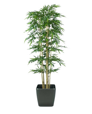 De Kunstplant Bamboe 300 cm brandvertragend heeft slanke groene bladeren en meerdere bamboestengels in een strakke zwarte rechthoekige pot, tegen een witte achtergrond.