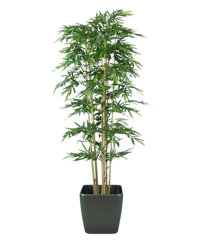 De Kunstplant Bamboe 300 cm brandvertragend heeft slanke groene bladeren en meerdere lichtbruine stelen in een eenvoudige zwarte vierkante pot, tegen een effen witte achtergrond.