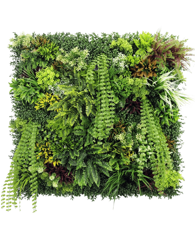 De Kunsthaag Lush Deco Deluxe 100x100 cm UV is een vierkant verticaal tuinpaneel met dicht, gestructureerd groen met een mix van bladplanten, varens en grassen - perfect voor het creëren van een levendige natuurlijke display tegen een witte achtergrond.