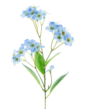 An Artificial Flower Orchid Real Touch Blue 50 cm with bunches of delicate light blue flowers and some green leaves stands against a plain white background.