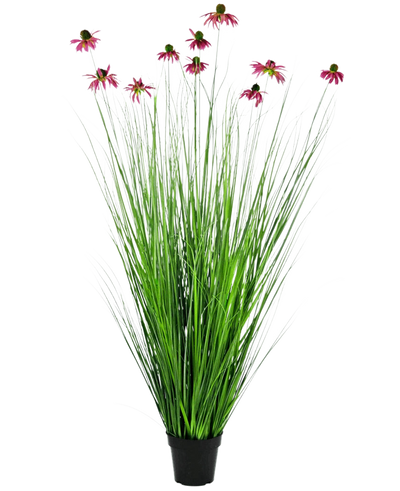 De Kunst Grasplant Chrysant 150 cm brandvertragend heeft lange, dunne groene grasachtige bladeren en lange stelen met roze margrietachtige bloemen, gepresenteerd in een pot tegen een effen witte achtergrond.