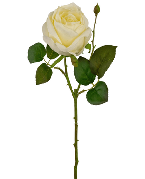 De Kunstroos Deluxe 45 cm wit is een enkele witte kunstroos met groene bladeren en een kleine knop op een lange steel, tegen een effen witte achtergrond.
