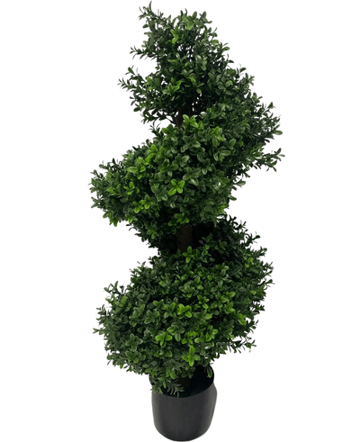 De Kunst Buxus Spiraal Romeinse stijl UV 90cm is een spiraalvormige kunst vormsnoeiplant met dicht groen blad in een zwarte pot, tegen een effen witte achtergrond.