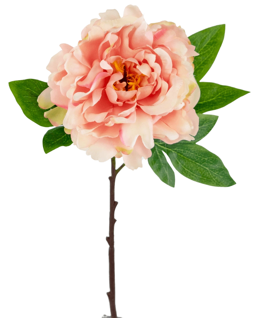 The Artificial Flower Peony 61 cm soft pink is a pink artificial peony with layered petals and a yellow heart on a stem with green leaves, against a white background.