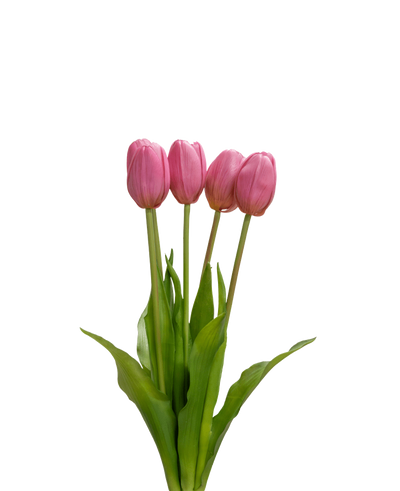 Het Kunsttulpenboeket Real Touch Paars 40 cm heeft vier paarse tulpen met realistische groene bladeren en stelen, die rechtop staan tegen een effen witte achtergrond.