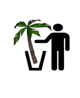 A simplified black figure throws away a palm tree, representing damage to the environment - an appropriate image for "Potting, mounting, topping and modeling on site.