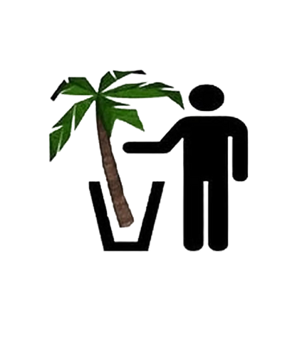 A simplified black figure throws away a palm tree, representing damage to the environment - an appropriate image for "Potting, mounting, topping and modeling on site.