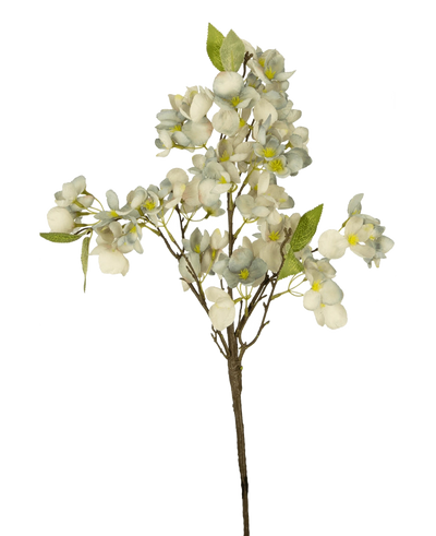 De Kunstbloem Bloesem 64 cm blauw is een enkele kunstbloementak met meerdere stelen met clusters van kleine blauwe bloesems en groene bladeren tegen een effen witte achtergrond.