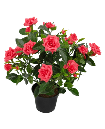 De Kunstplant mini roos UV 35 cm heeft een zwarte pot gevuld met een weelderige kunstrozenplant met meerdere bloeiende roze rozen en groene bladeren tegen een witte achtergrond.