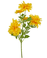 A single orange Artificial Flower Dahlia 60 cm stem with green leaves against a white background.