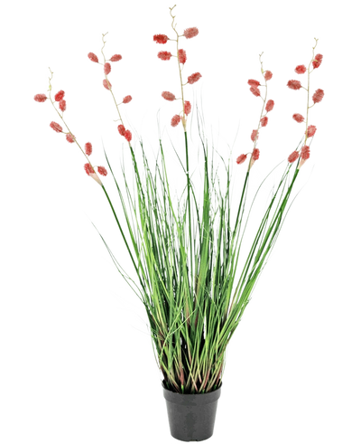 De Kunst Grasplant Duizendpootgras 100 cm brandvertragend is een zwarte kunstplant in pot met hoge, dunne groene bladeren en lange stelen met trossen kleine, ovale roze-rode bloemen in een rechtopstaande, spreidende display.