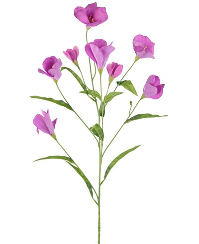 Een enkele tak van Kunst Rhododendron Azalea Real Touch Paars 80cm met meerdere takken toont delicate paarsroze bloemen en knoppen tegen een effen witte achtergrond.