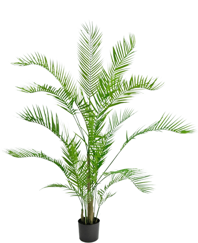 De Kunstplant Chamaedorea 150 cm is een hoge palm in pot met lange, overhangende groene bladeren en slanke stelen, tegen een effen witte achtergrond.
