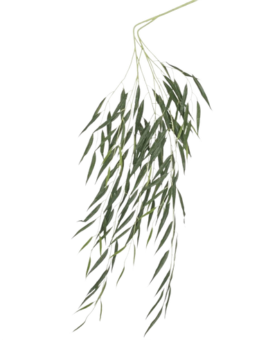 De Kunstblad Treurwilg 134 cm brandvertragend heeft lange, slanke groene bladeren die naar beneden hangen tegen een effen witte achtergrond en is behandeld met een brandvertragende coating voor extra veiligheid.