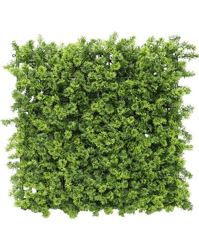 De Kunsthaag Moss 50x50 cm UV is een dicht vierkant paneel van kunstmatig groen gebladerte met kleine bladertakjes, van bovenaf afgebeeld op een witte achtergrond.
