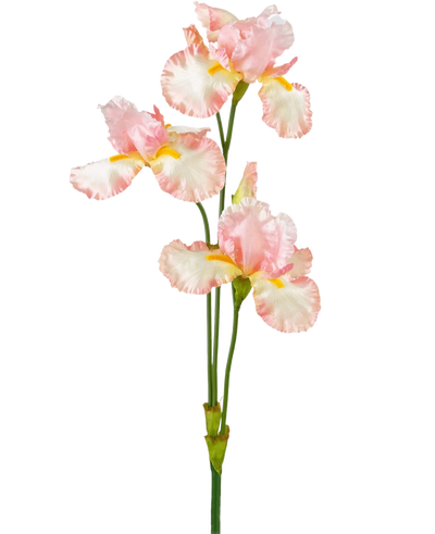 Een Kunstbloem Iris 102 cm licht roze heeft verschillende delicate lichtroze en witte ruches met gele accenten tegen een effen witte achtergrond.