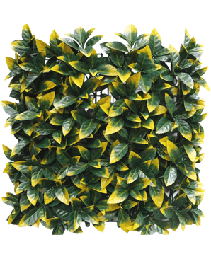 The Artificial Hedge Photonia yellow 50x50 cm UV has dense, square panels of artificial green and yellow-variegated leaves for a lush, lively appearance. The raster layer is partially visible behind the foliage for easy installation.