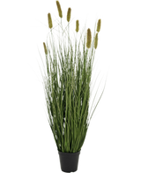 The Artificial Grass Matsutake onion grass pot 90cm fire retardant has a black pot with long, thin green grass-like leaves and yellowish fluffy cylindrical flower spikes, against a plain white background.