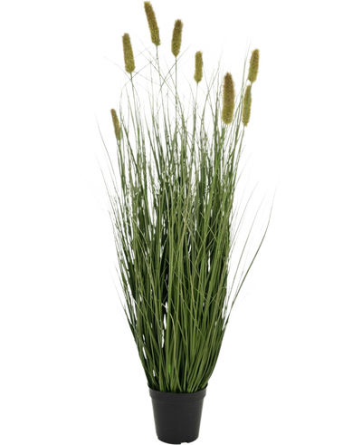 The Artificial Grass Matsutake onion grass pot 90cm fire retardant has a black pot with long, thin green grass-like leaves and yellowish fluffy cylindrical flower spikes, against a plain white background.